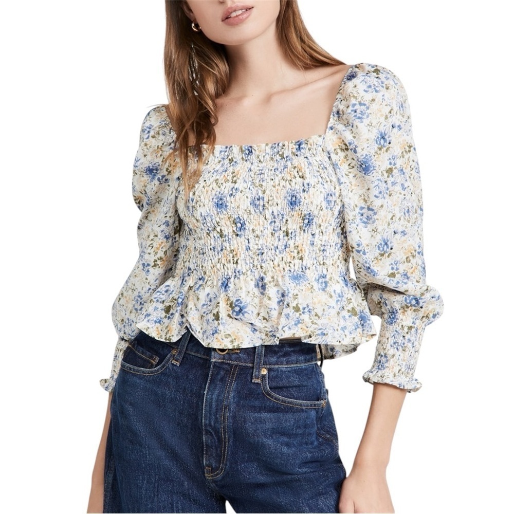 En Saison Floral Chiffon Puff Sleeve Smocked Top Blouse